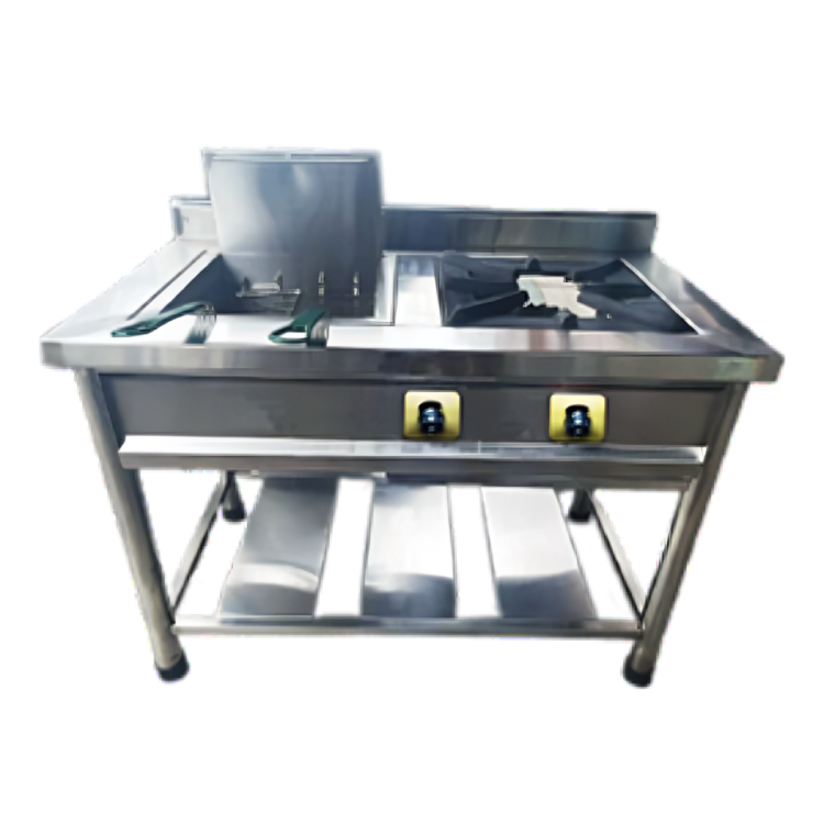 cocina industrial con hornilla y freidora en acero